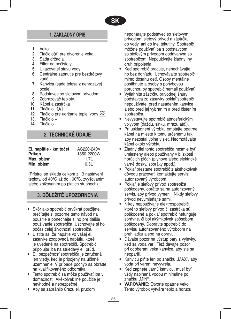 Základný opis, Technické údaje 3. dôležité upozornenia | Fagor TK-500 User Manual | Page 36 / 54