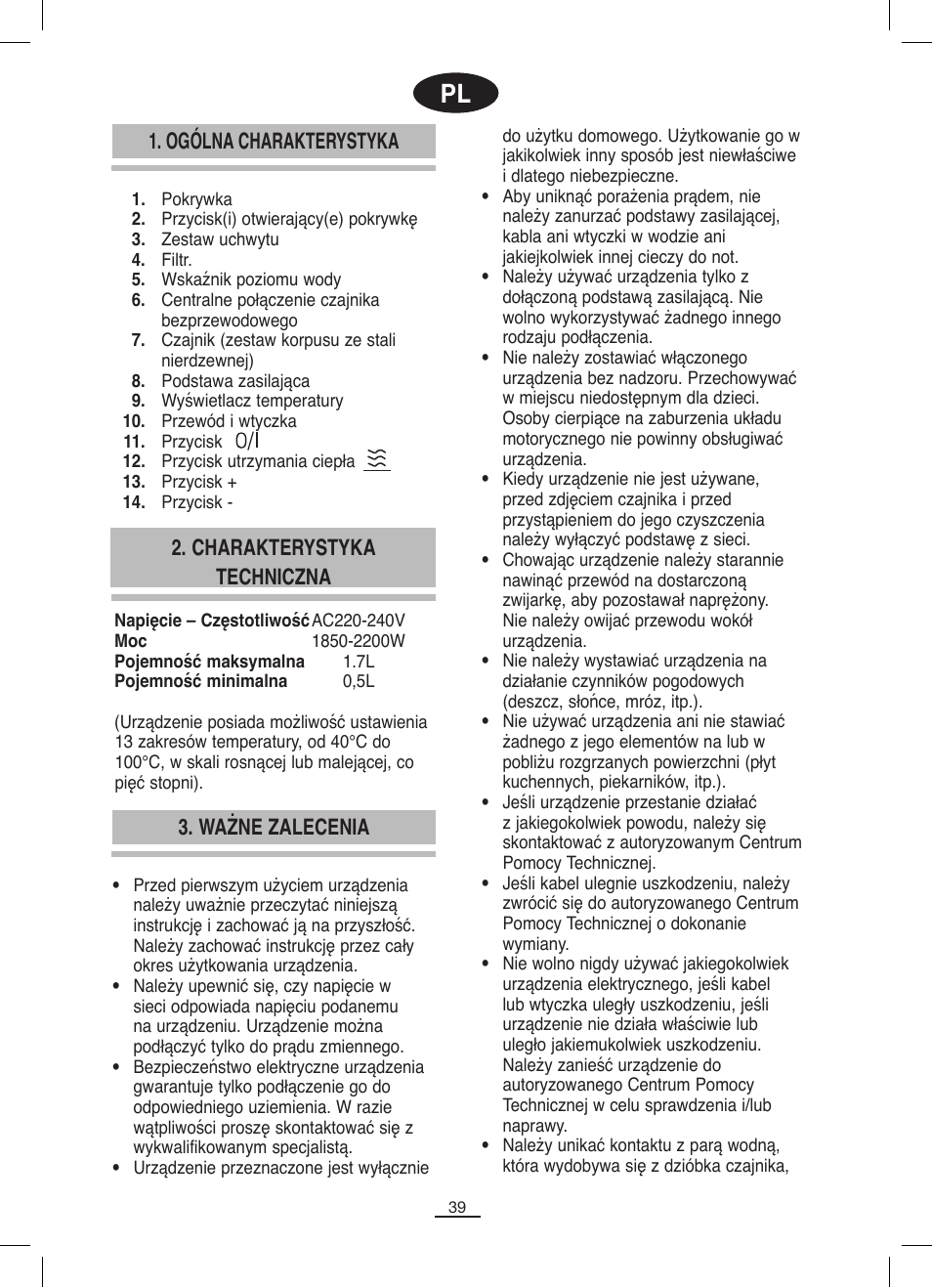 Ogólna charakterystyka, Charakterystyka techniczna 3. ważne zalecenia | Fagor TK-500 User Manual | Page 40 / 54