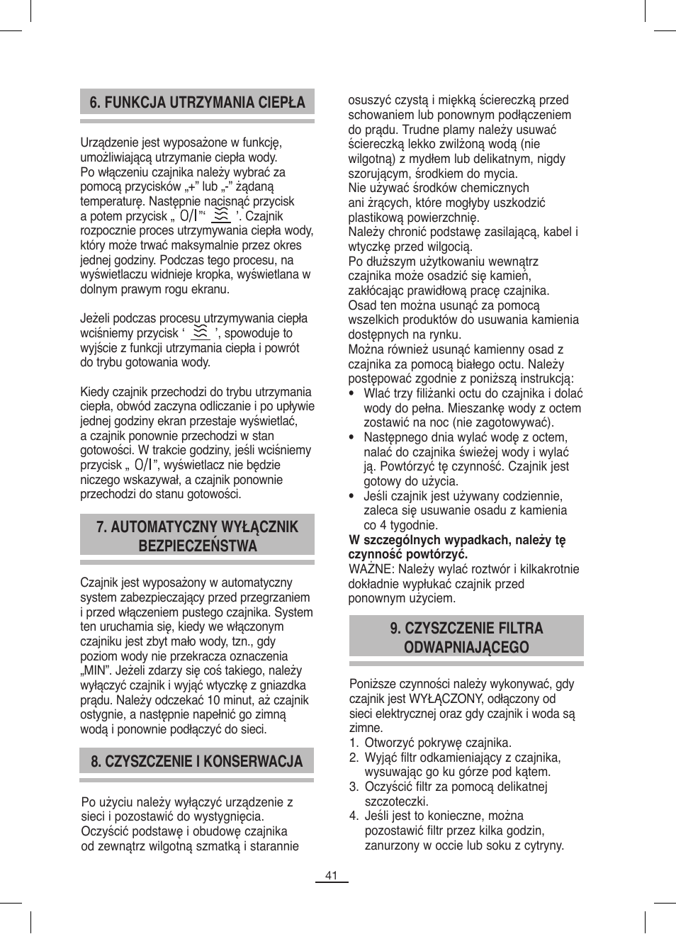 Funkcja utrzymania ciepła, Czyszczenie filtra odwapniającego | Fagor TK-500 User Manual | Page 42 / 54