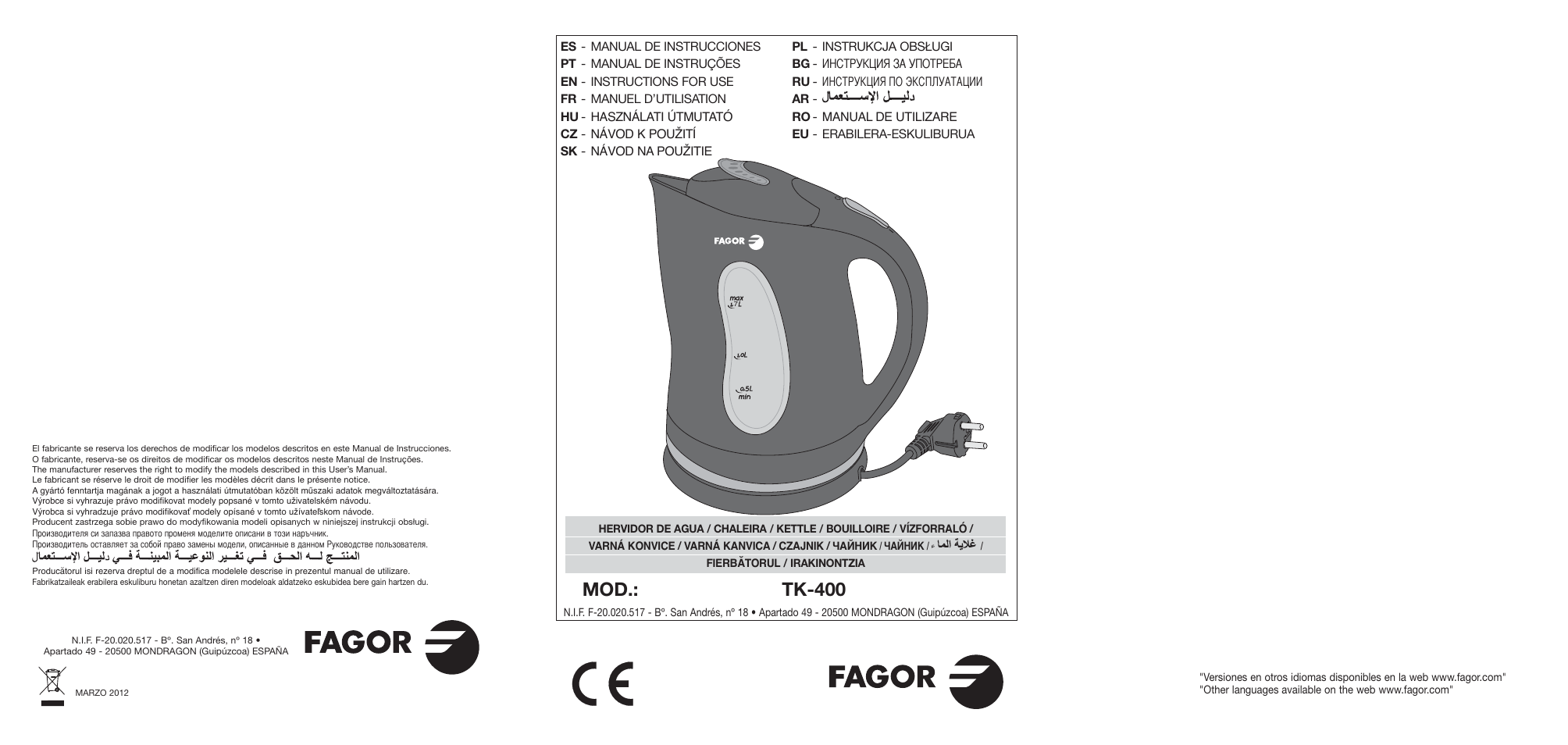Fagor TK-400 User Manual | 39 pages