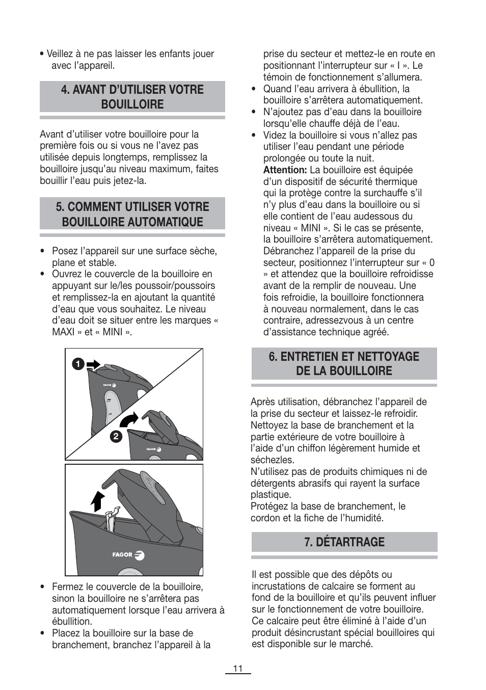Avant d’utiliser votre bouilloire, Comment utiliser votre bouilloire automatique, Entretien et nettoyage de la bouilloire | Détartrage | Fagor TK-400 User Manual | Page 12 / 39