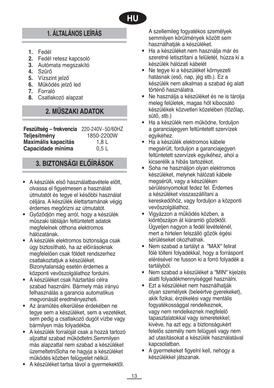Műszaki adatok 3. biztonsági előírások, Általános leírás | Fagor TK-400 User Manual | Page 14 / 39
