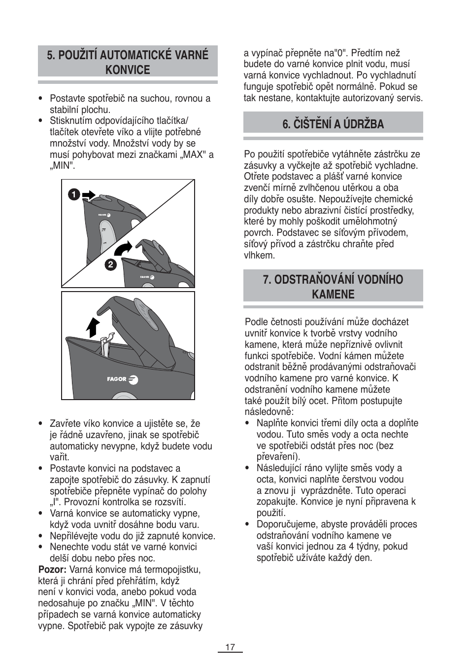 Použití automatické varné konvice, Čištění a údržba, Odstraňování vodního kamene | Fagor TK-400 User Manual | Page 18 / 39
