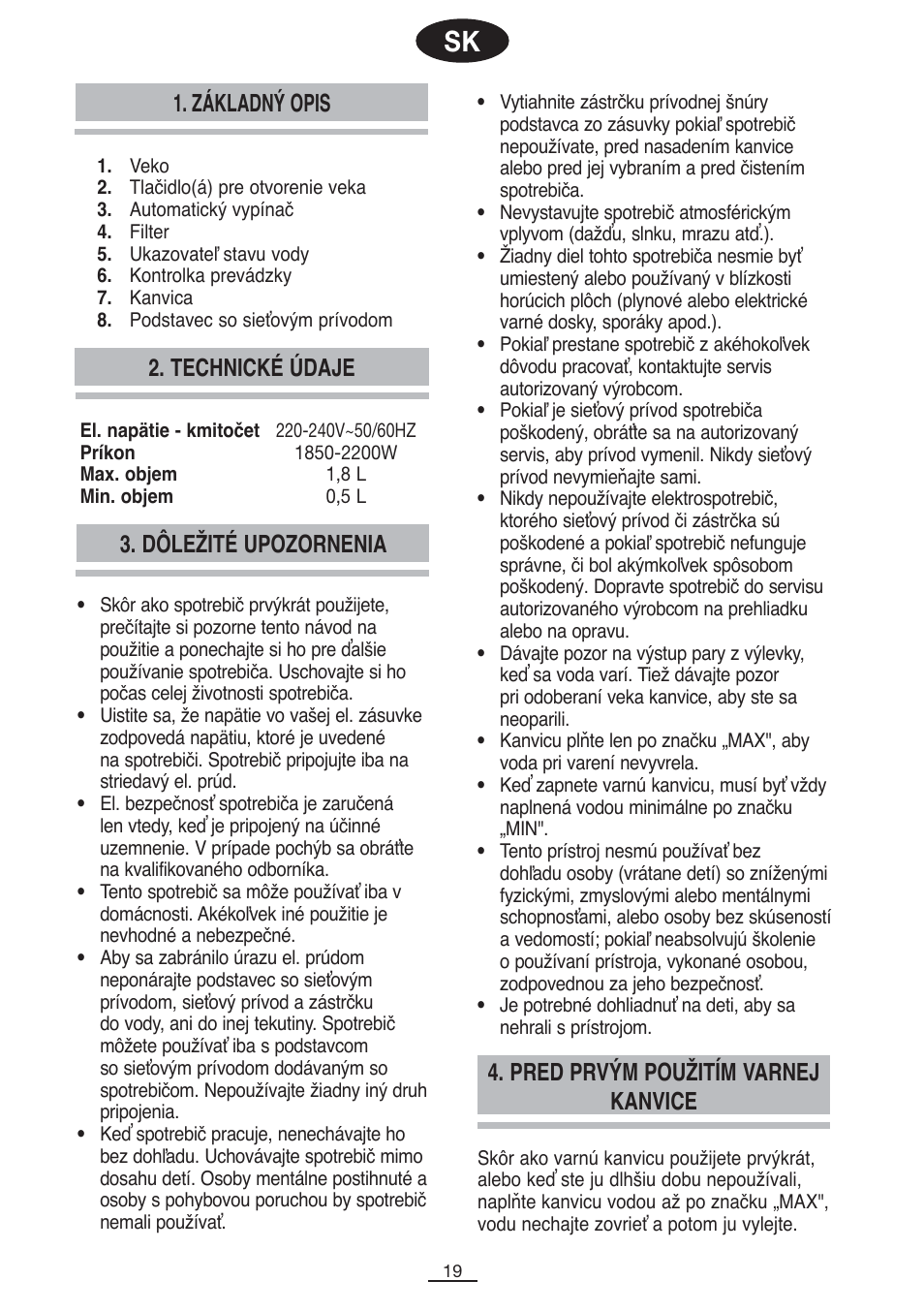 Základný opis, Technické údaje | Fagor TK-400 User Manual | Page 20 / 39
