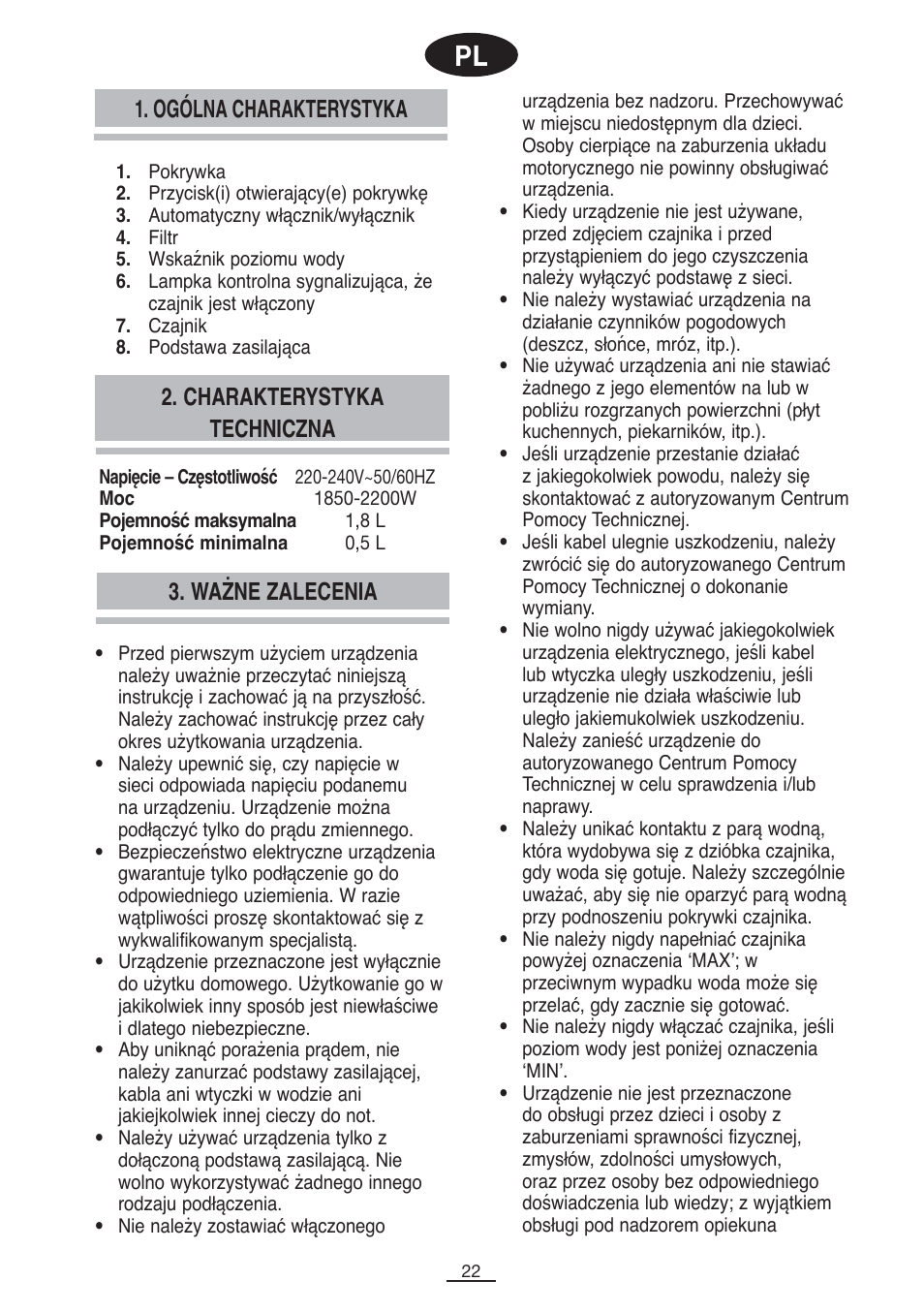 Charakterystyka techniczna 3. ważne zalecenia, Ogólna charakterystyka | Fagor TK-400 User Manual | Page 23 / 39