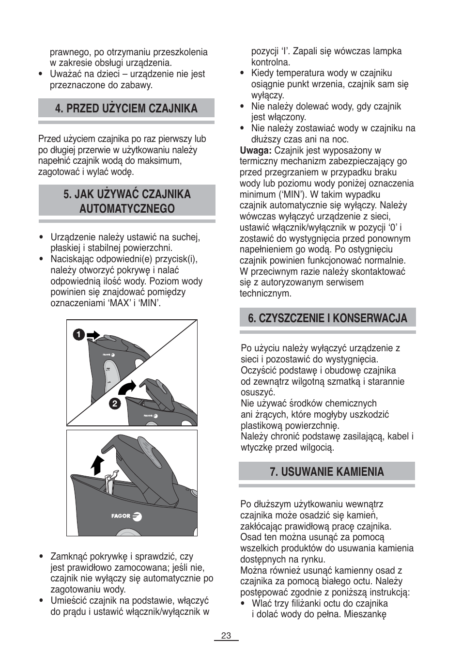 Przed użyciem czajnika, Jak używać czajnika automatycznego, Czyszczenie i konserwacja | Usuwanie kamienia | Fagor TK-400 User Manual | Page 24 / 39