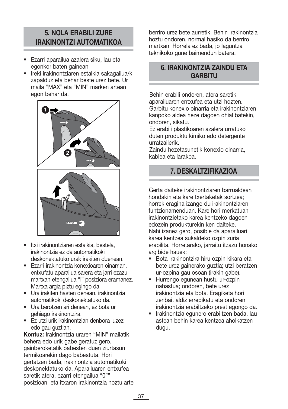 Nola erabili zure irakinontzi automatikoa, Irakinontzia zaindu eta garbitu, Deskaltzifikazioa | Fagor TK-400 User Manual | Page 38 / 39