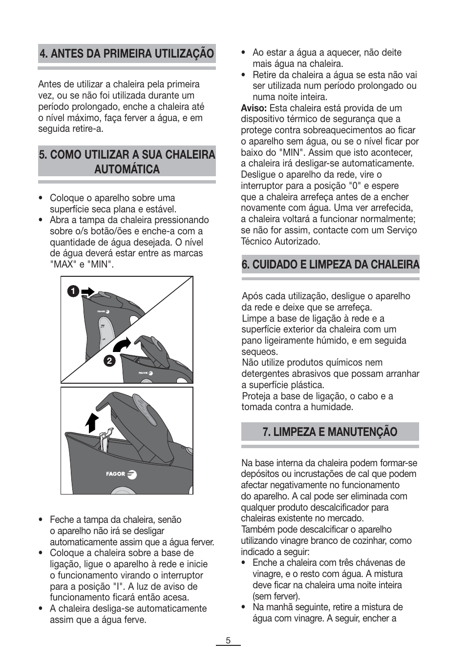 Cuidado e limpeza da chaleira, Limpeza e manutenção | Fagor TK-400 User Manual | Page 6 / 39