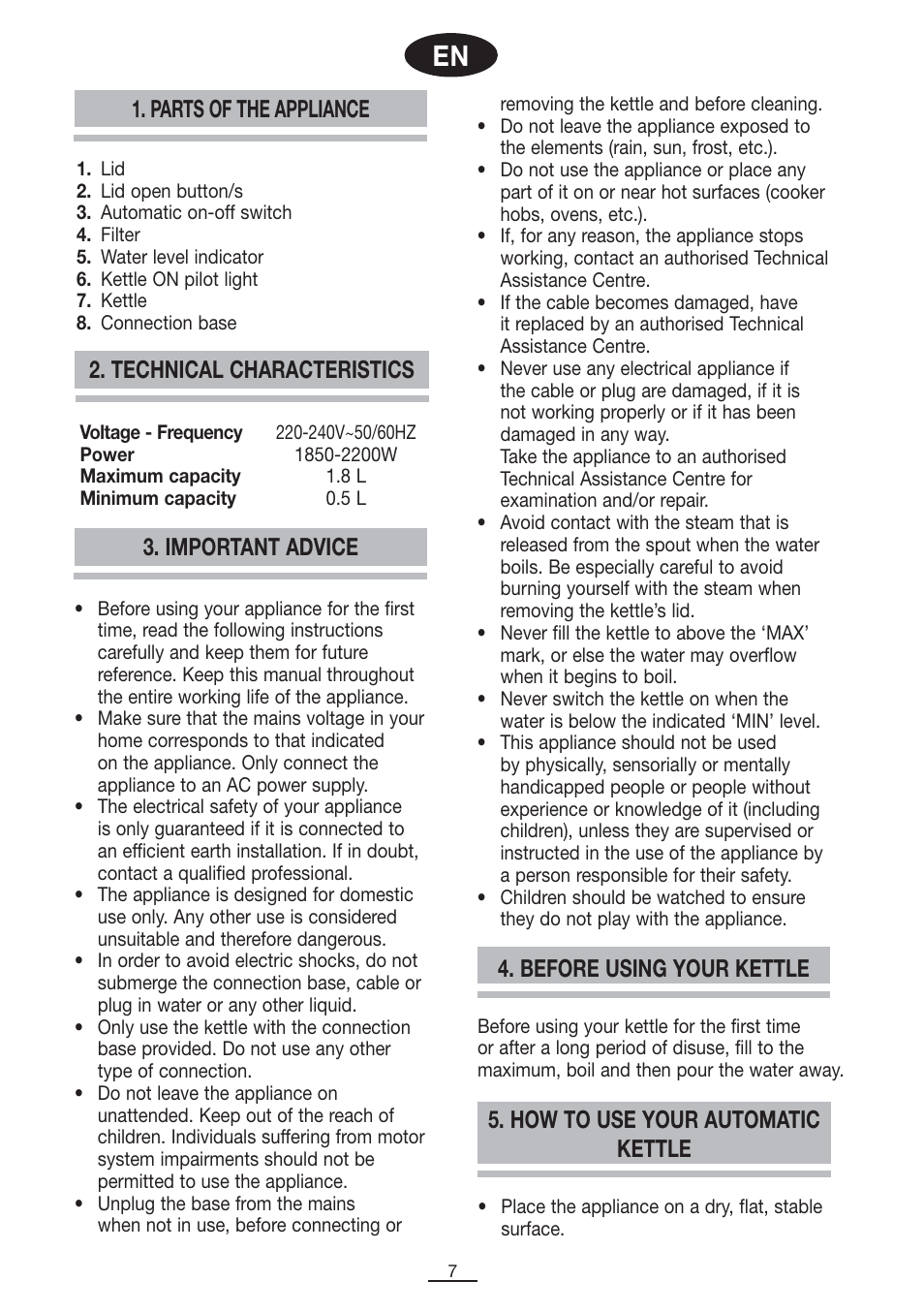 Parts of the appliance, How to use your automatic kettle | Fagor TK-400 User Manual | Page 8 / 39