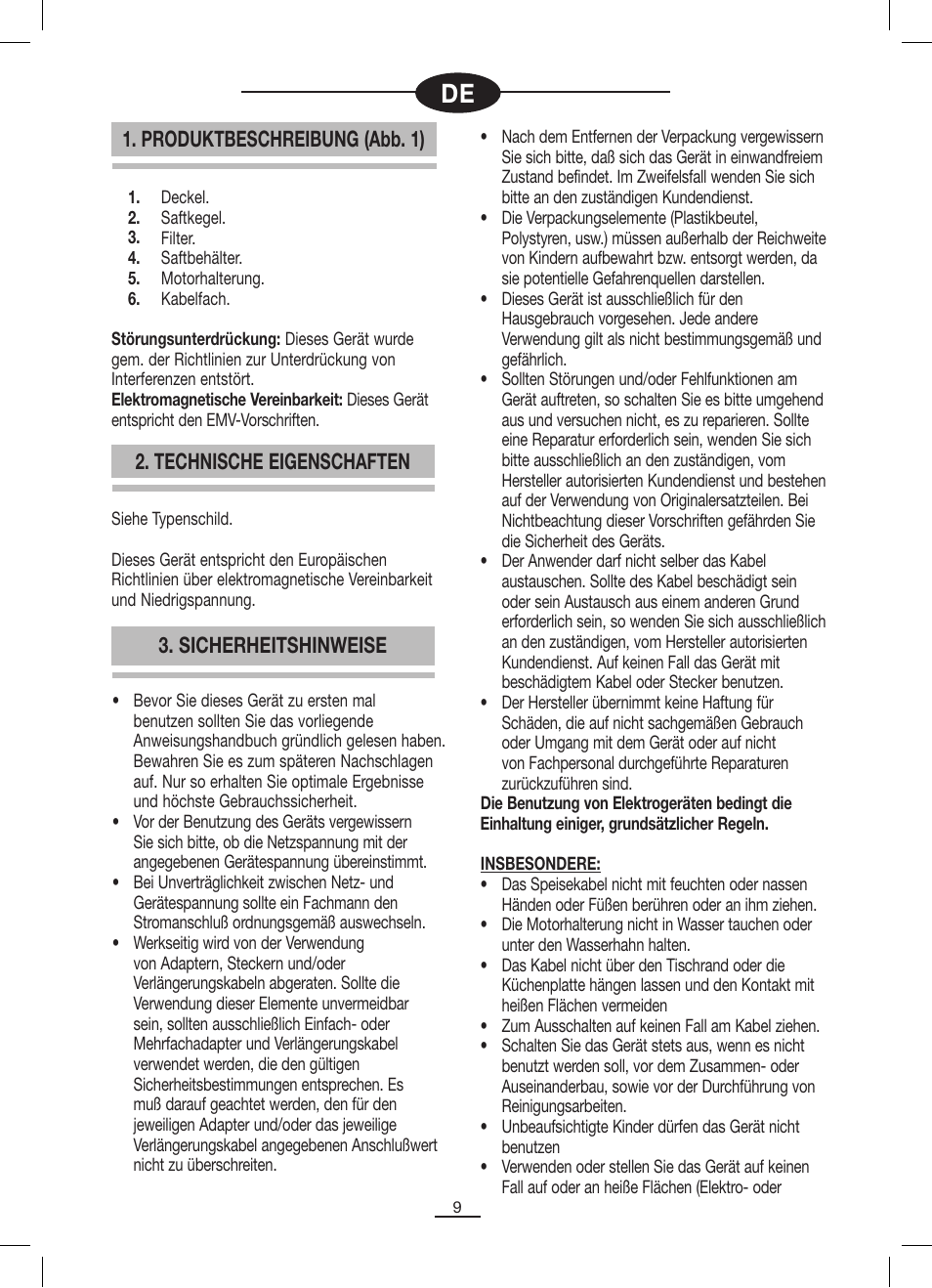 Sicherheitshinweise, Produktbeschreibung (abb. 1), Technische eigenschaften | Fagor MZ-356 User Manual | Page 10 / 34
