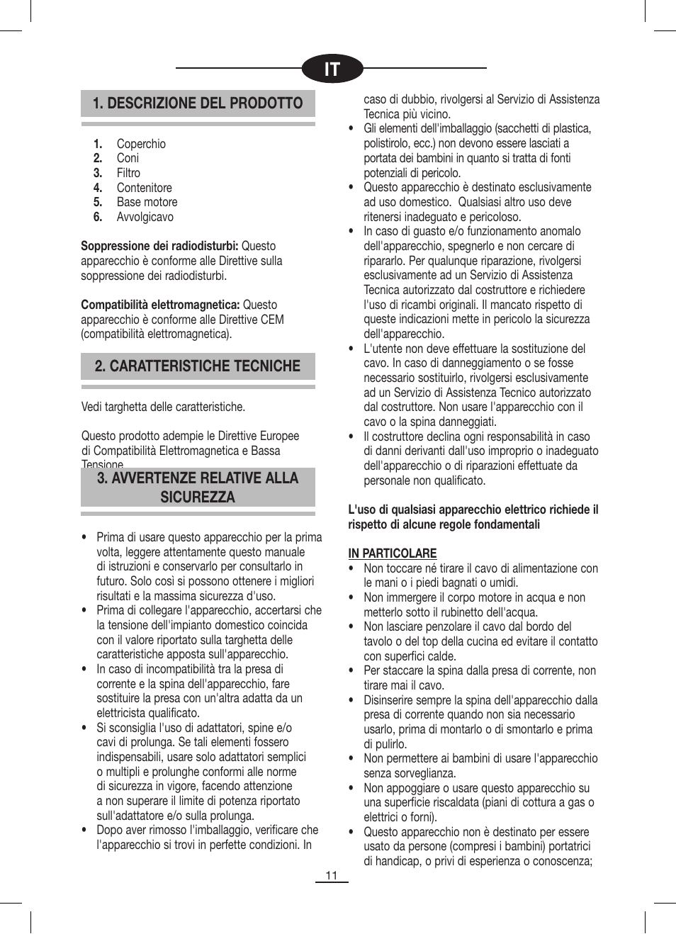 Descrizione del prodotto, Caratteristiche tecniche, Avvertenze relative alla sicurezza | Fagor MZ-356 User Manual | Page 12 / 34