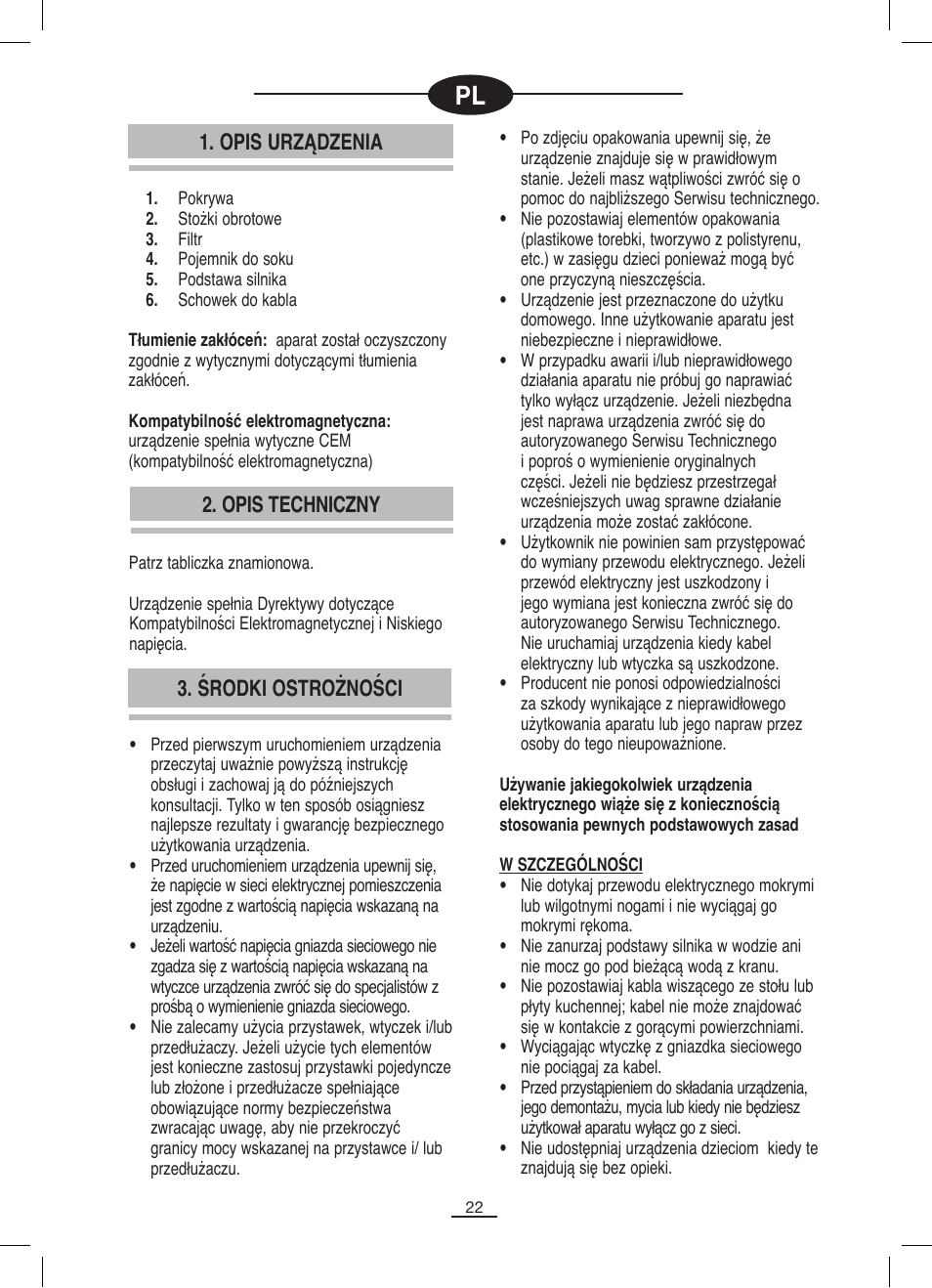 Opis techniczny, Opis urządzenia, Środki ostrożności | Fagor MZ-356 User Manual | Page 23 / 34