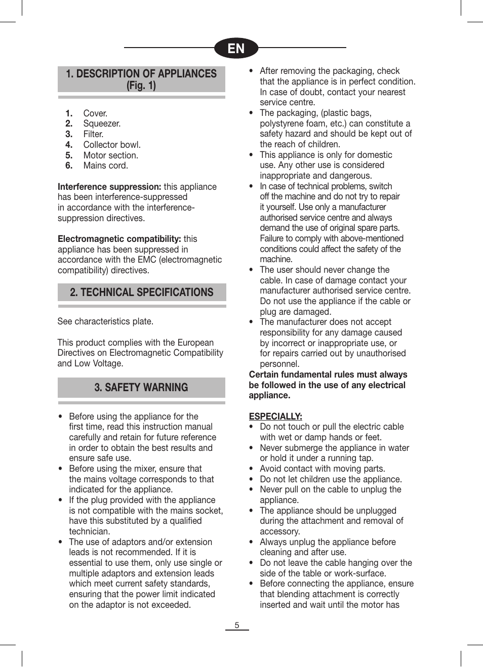 Safety warning, Description of appliances (fig. 1), Technical specifications | Fagor MZ-356 User Manual | Page 6 / 34