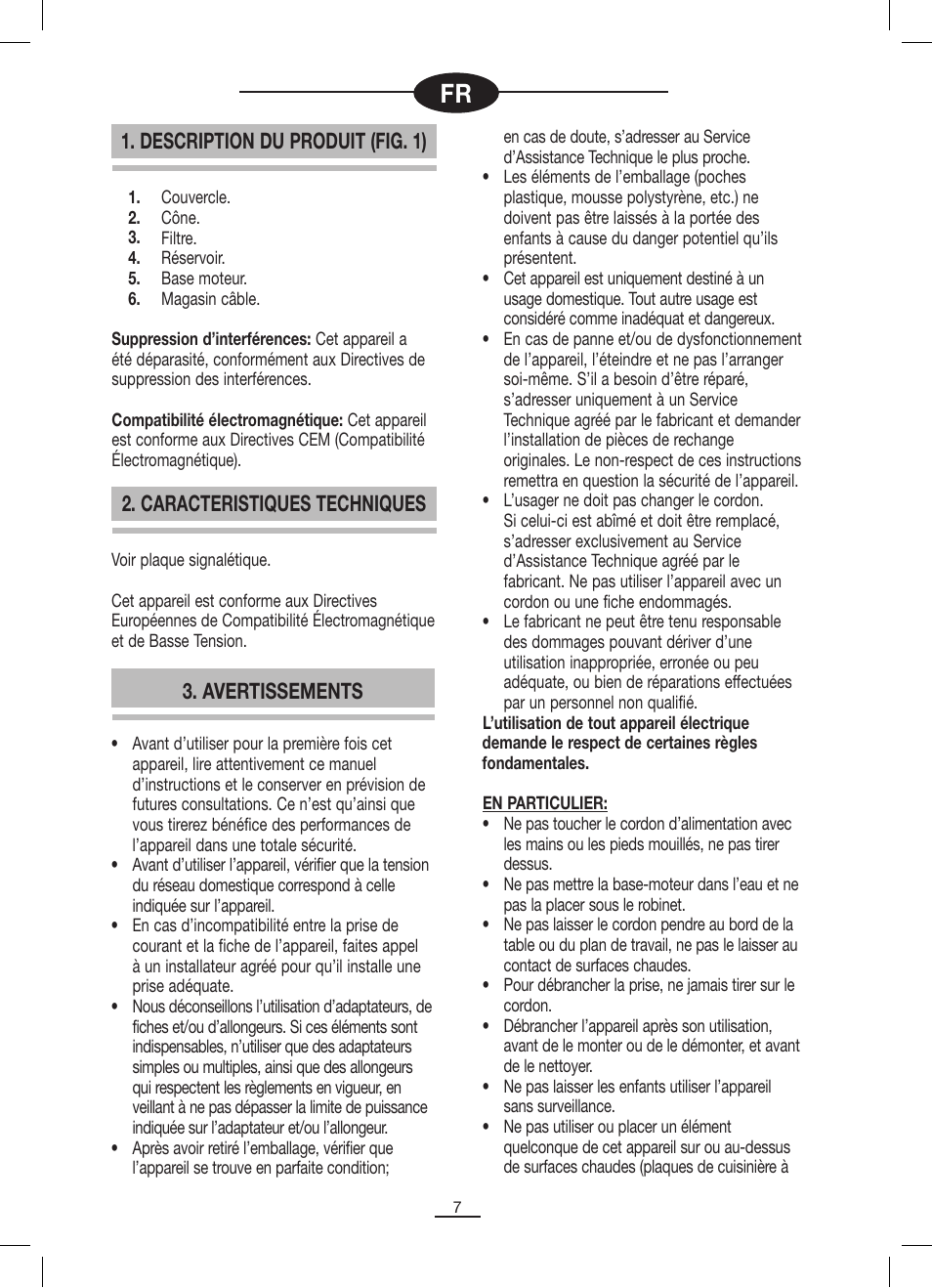 Avertissements, Description du produit (fig. 1), Caracteristiques techniques | Fagor MZ-356 User Manual | Page 8 / 34