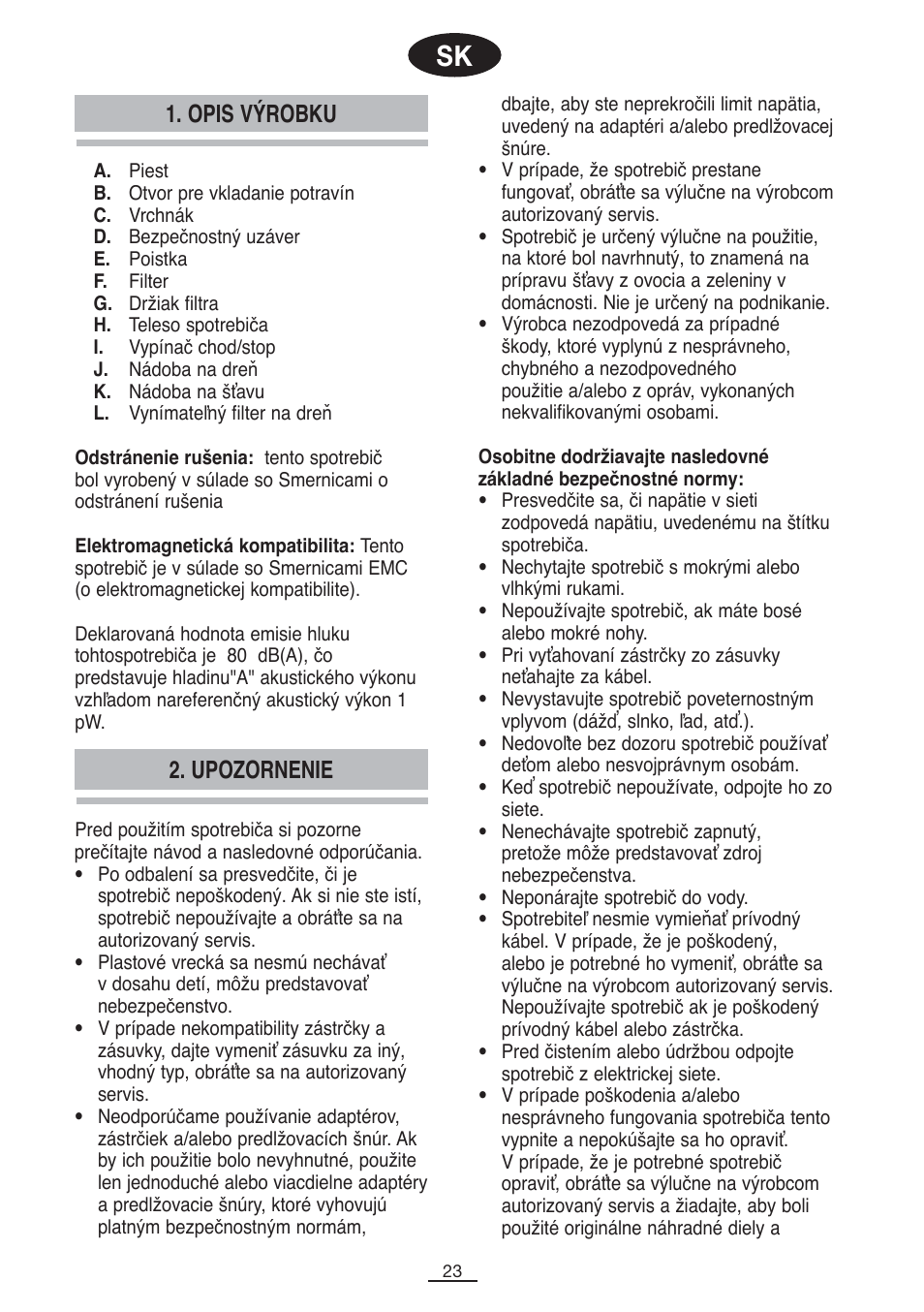 Opis výrobku, Upozornenie | Fagor LC-500 User Manual | Page 24 / 41