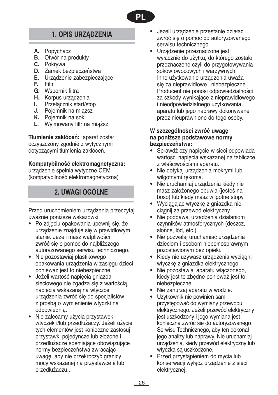 Opis urządzenia, Uwagi ogólne | Fagor LC-500 User Manual | Page 27 / 41