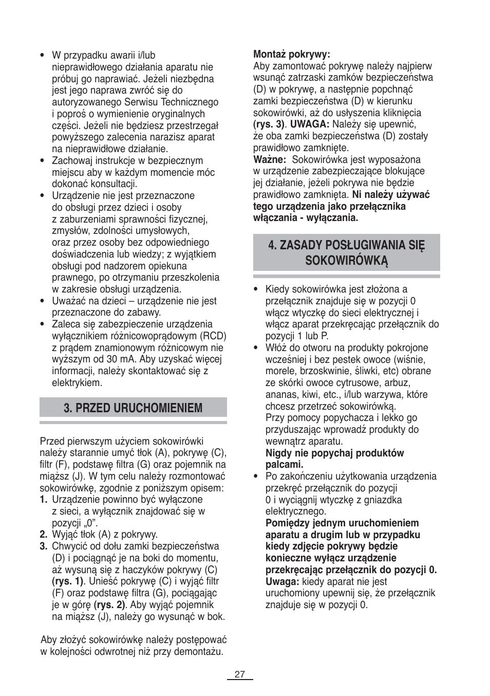 Przed uruchomieniem, Zasady posługiwania się sokowirówką | Fagor LC-500 User Manual | Page 28 / 41