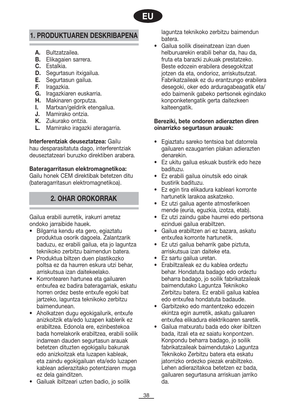 Produktuaren deskribapena, Ohar orokorrak | Fagor LC-500 User Manual | Page 39 / 41