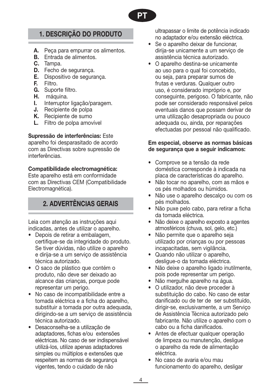 Descrição do produto, Advertências gerais | Fagor LC-500 User Manual | Page 5 / 41