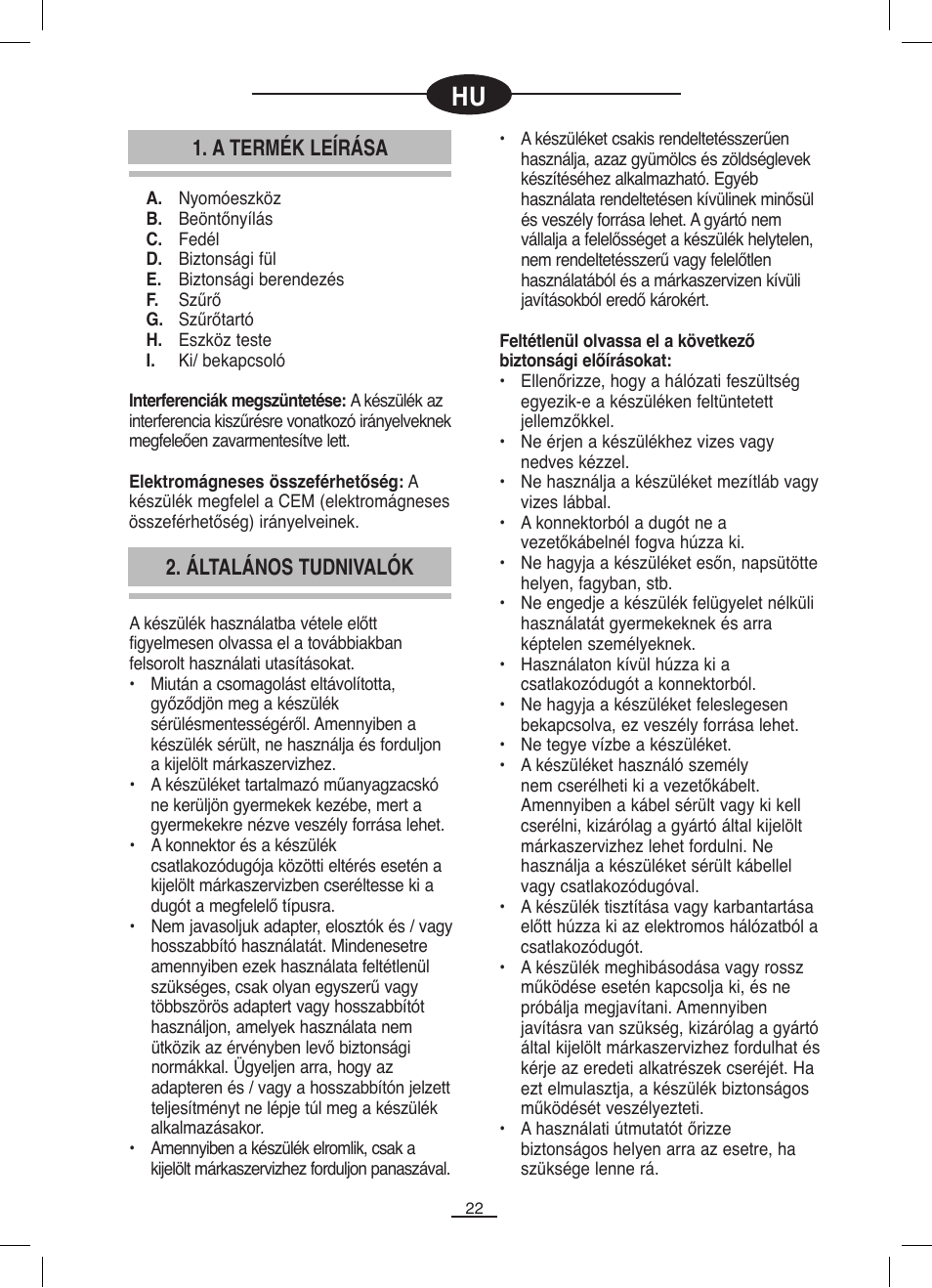A termék leírása, Általános tudnivalók | Fagor LC-320 User Manual | Page 23 / 42