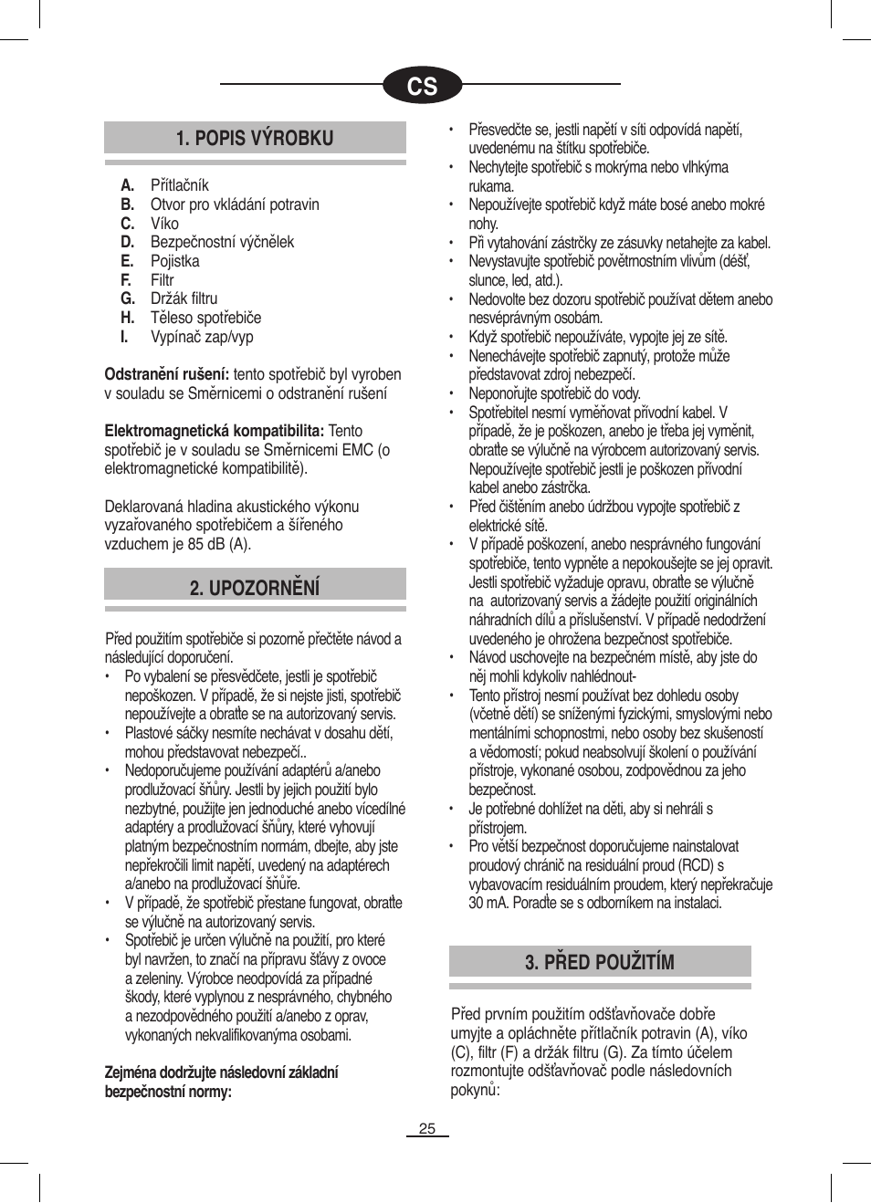 Popis výrobku 2. upozornění, Před použitím | Fagor LC-320 User Manual | Page 26 / 42