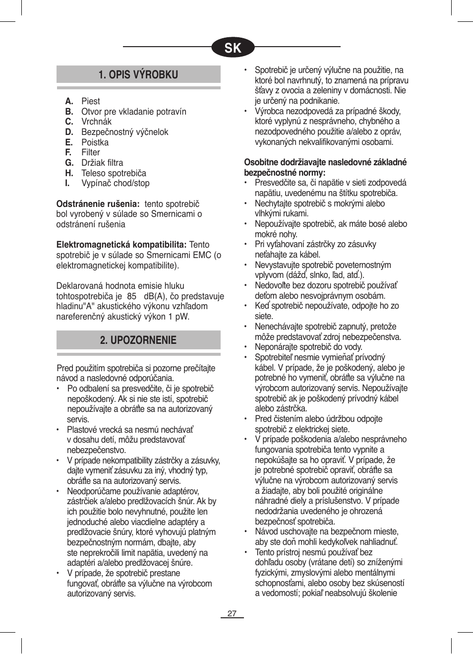 Opis výrobku, Upozornenie | Fagor LC-320 User Manual | Page 28 / 42