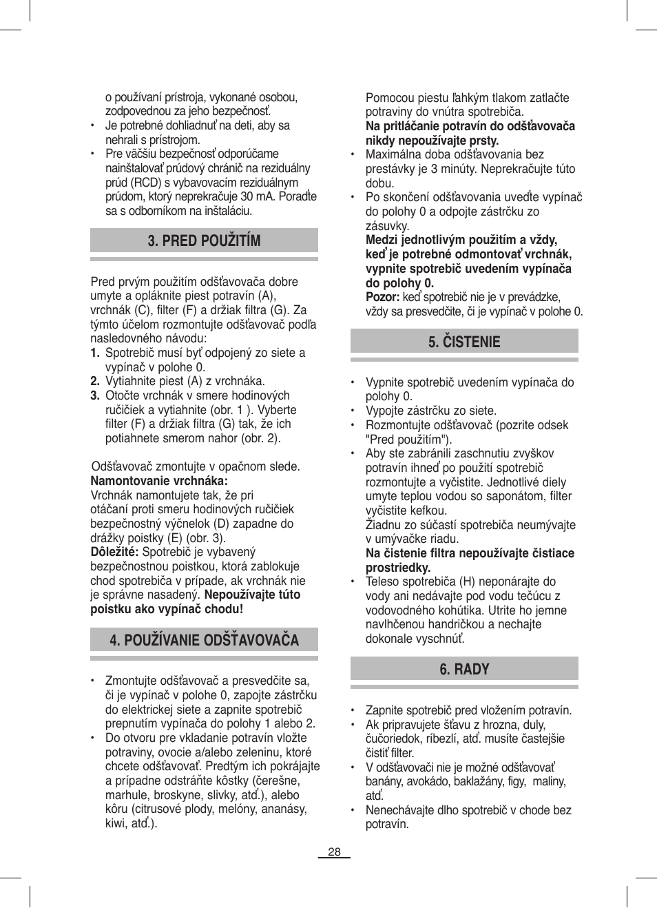 Používanie odšťavovača, Pred použitím, Čistenie 6. rady | Fagor LC-320 User Manual | Page 29 / 42