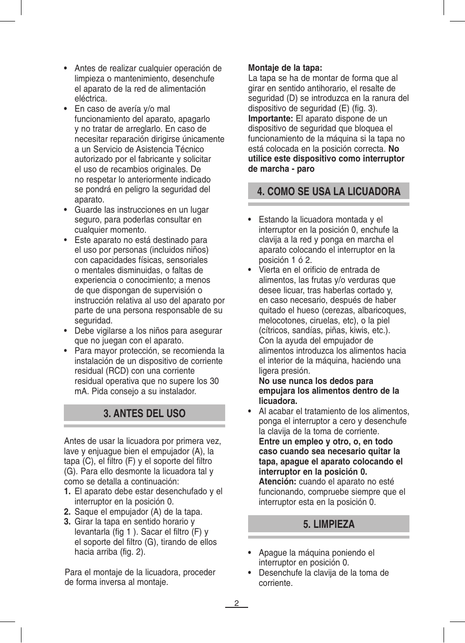 Antes del uso, Como se usa la licuadora, Limpieza | Fagor LC-320 User Manual | Page 3 / 42