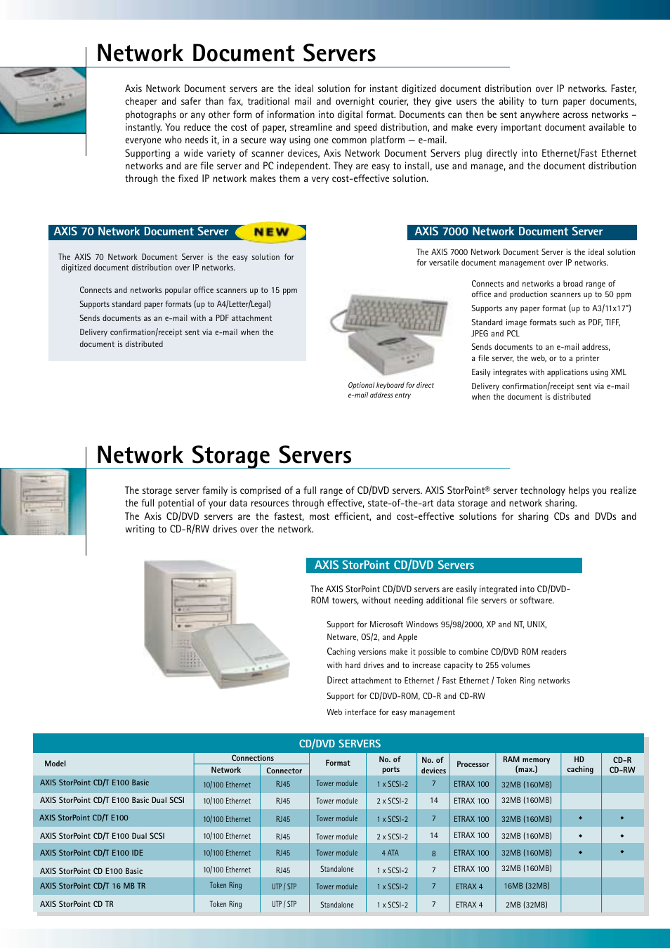Network document servers, Network storage servers, Axis 70 network document server | Axis Communications RJ45 User Manual | Page 4 / 6