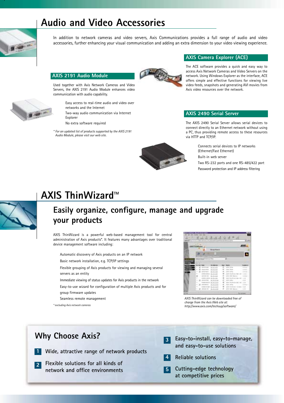 Axis thinwizard, Audio and video accessories, Why choose axis | Axis Communications RJ45 User Manual | Page 5 / 6