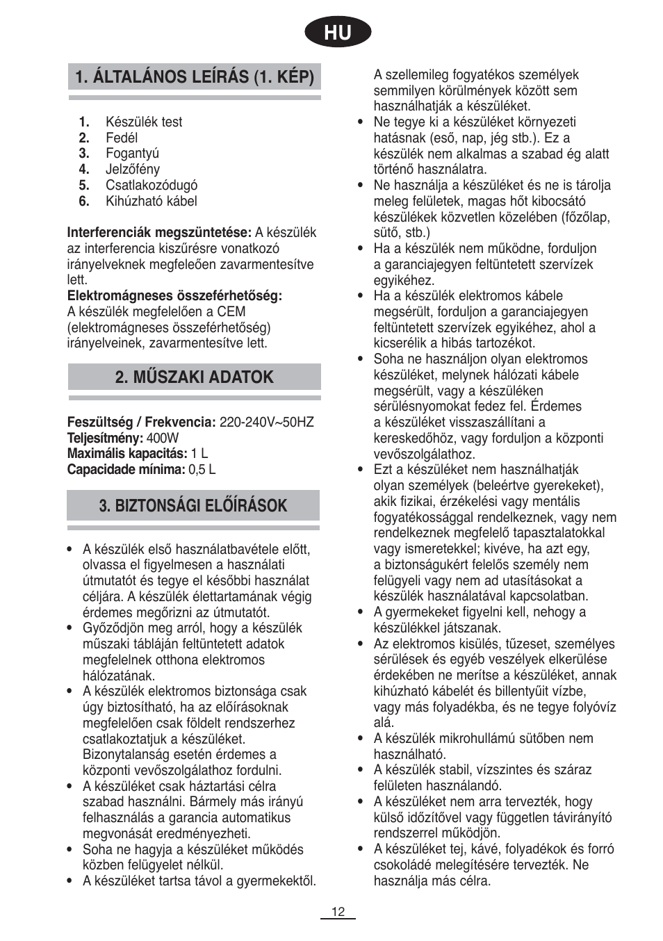 Általános leírás (1. kép) 2. műszaki adatok, Biztonsági előírások | Fagor CL-1000 User Manual | Page 13 / 32