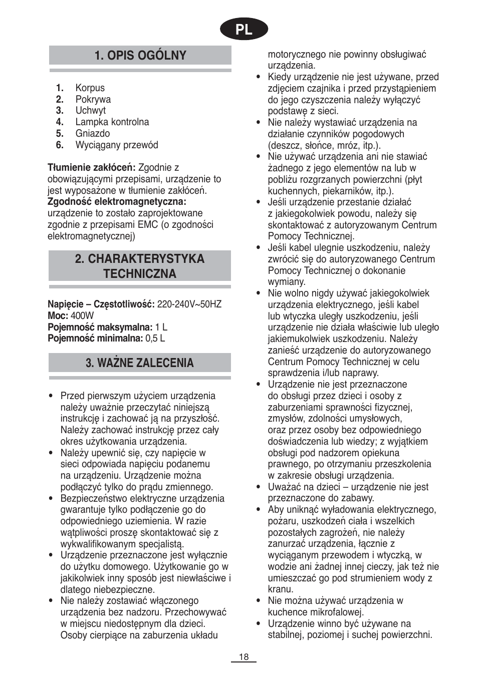 Opis ogólny 3. ważne zalecenia, Charakterystyka techniczna | Fagor CL-1000 User Manual | Page 19 / 32