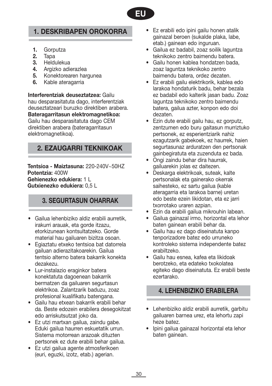 Deskribapen orokorra 2. ezaugarri teknikoak, Segurtasun oharrak 4. lehenbiziko erabilera | Fagor CL-1000 User Manual | Page 31 / 32