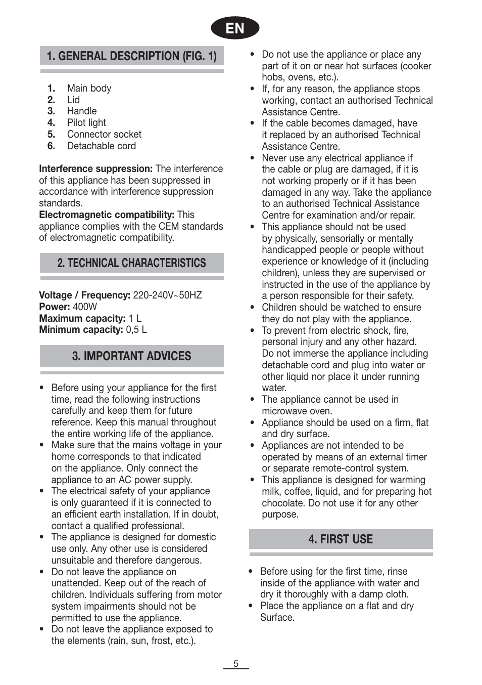 Important advices 4. first use | Fagor CL-1000 User Manual | Page 6 / 32