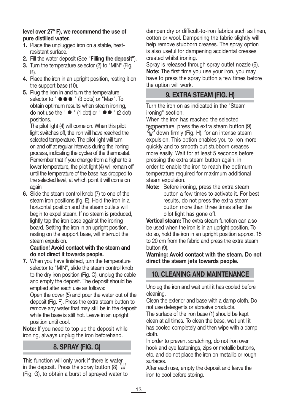 Cleaning and maintenance, Spray (fig. g), Extra steam (fig. h) | Fagor PL-2700 User Manual | Page 14 / 73