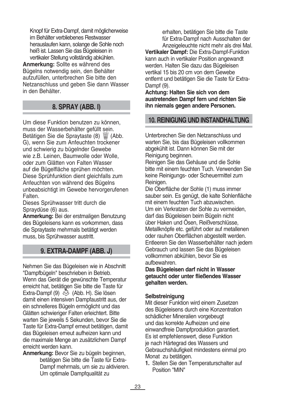 Spray (abb. i), Extra-dampf (abb. j), Reinigung und instandhaltung | Fagor PL-2700 User Manual | Page 24 / 73