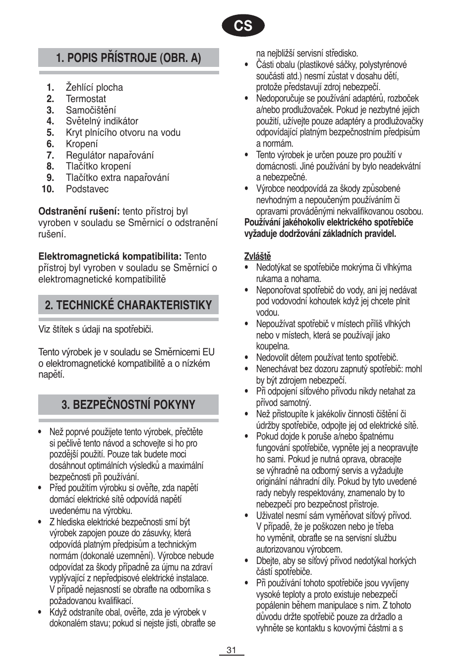 Popis přístroje (obr. a), Bezpečnostní pokyny 2. technické charakteristiky | Fagor PL-2700 User Manual | Page 32 / 73