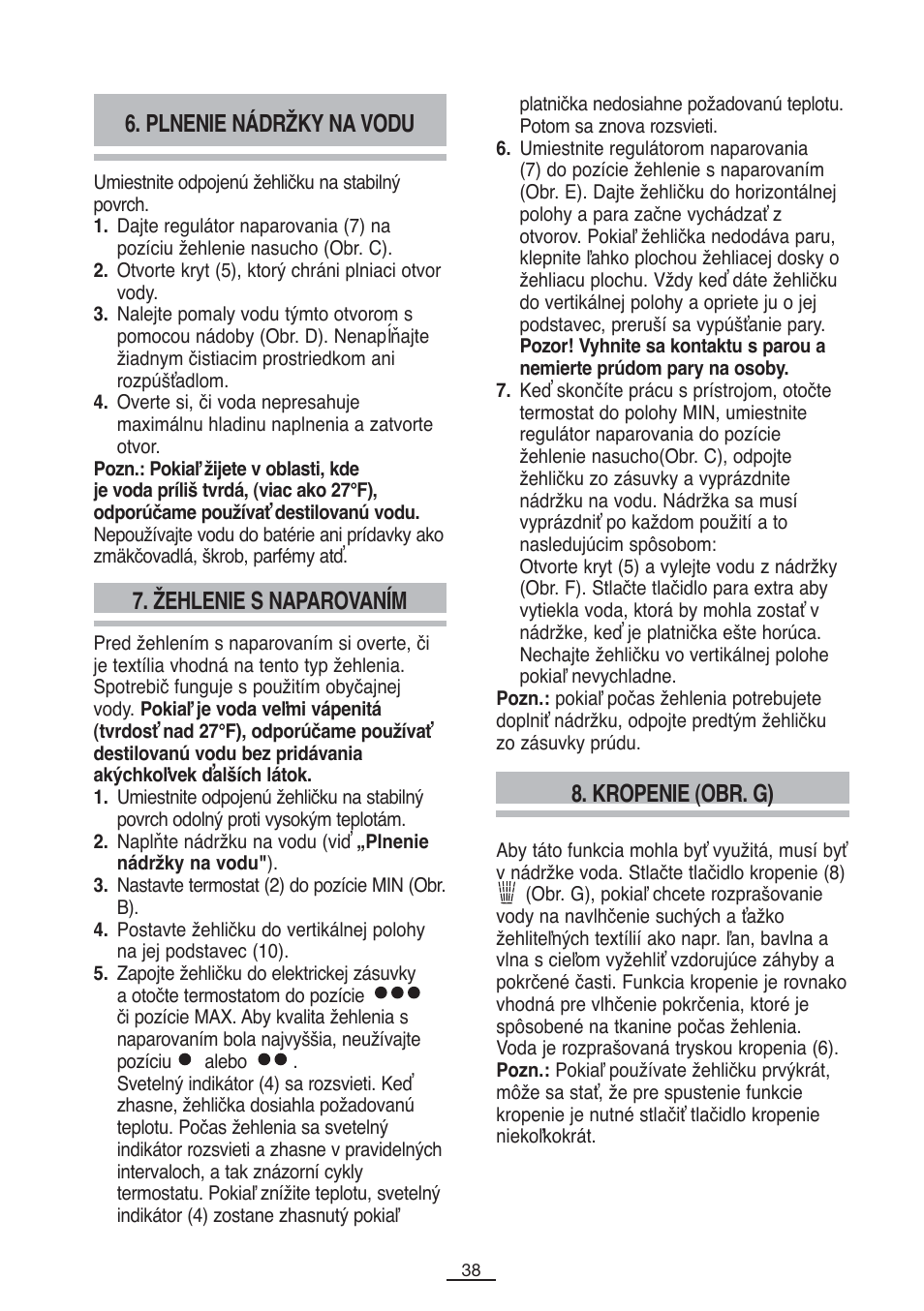 Plnenie nádržky na vodu, Žehlenie s naparovaním, Kropenie (obr. g) | Fagor PL-2700 User Manual | Page 39 / 73