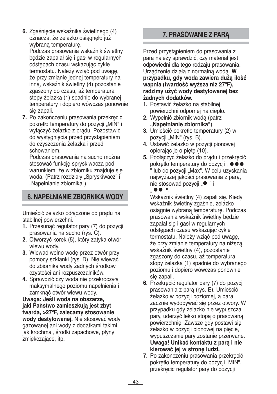 Napełnianie zbiornika wody, Prasowanie z parą | Fagor PL-2700 User Manual | Page 44 / 73