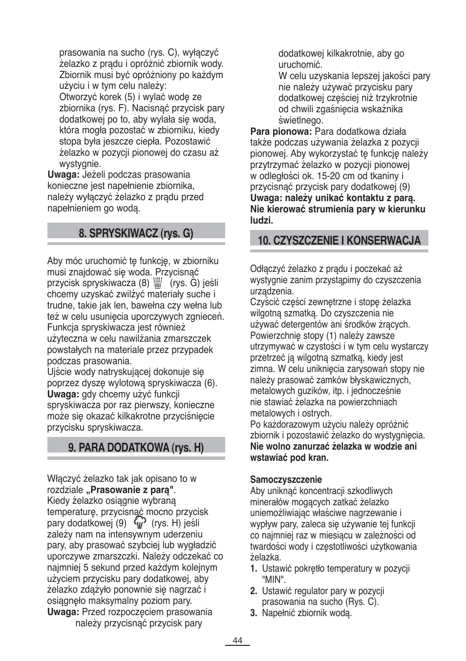 Czyszczenie i konserwacja, Para dodatkowa (rys. h), Spryskiwacz (rys. g) | Fagor PL-2700 User Manual | Page 45 / 73