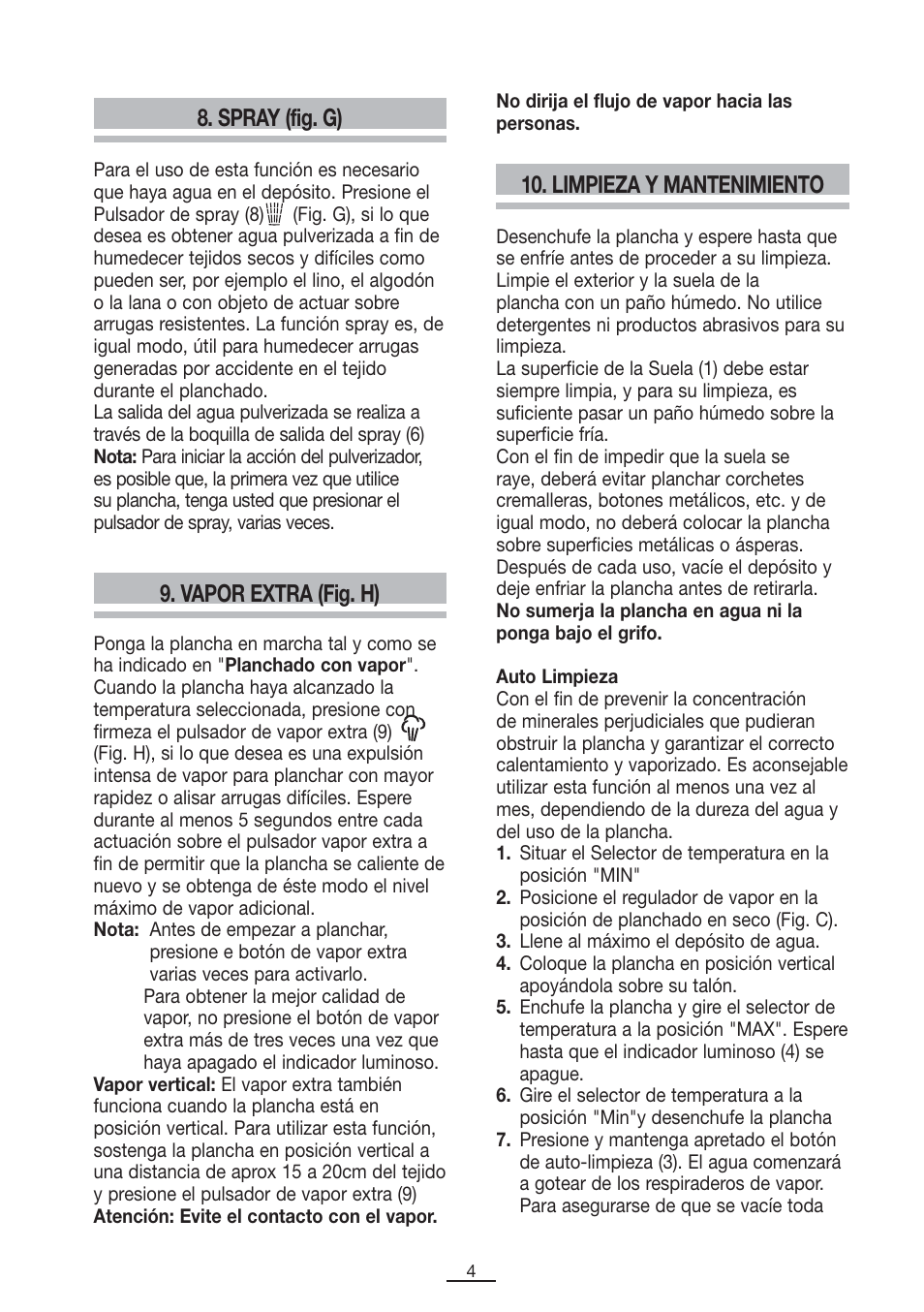 Spray (fig. g), Limpieza y mantenimiento, Vapor extra (fig. h) | Fagor PL-2700 User Manual | Page 5 / 73
