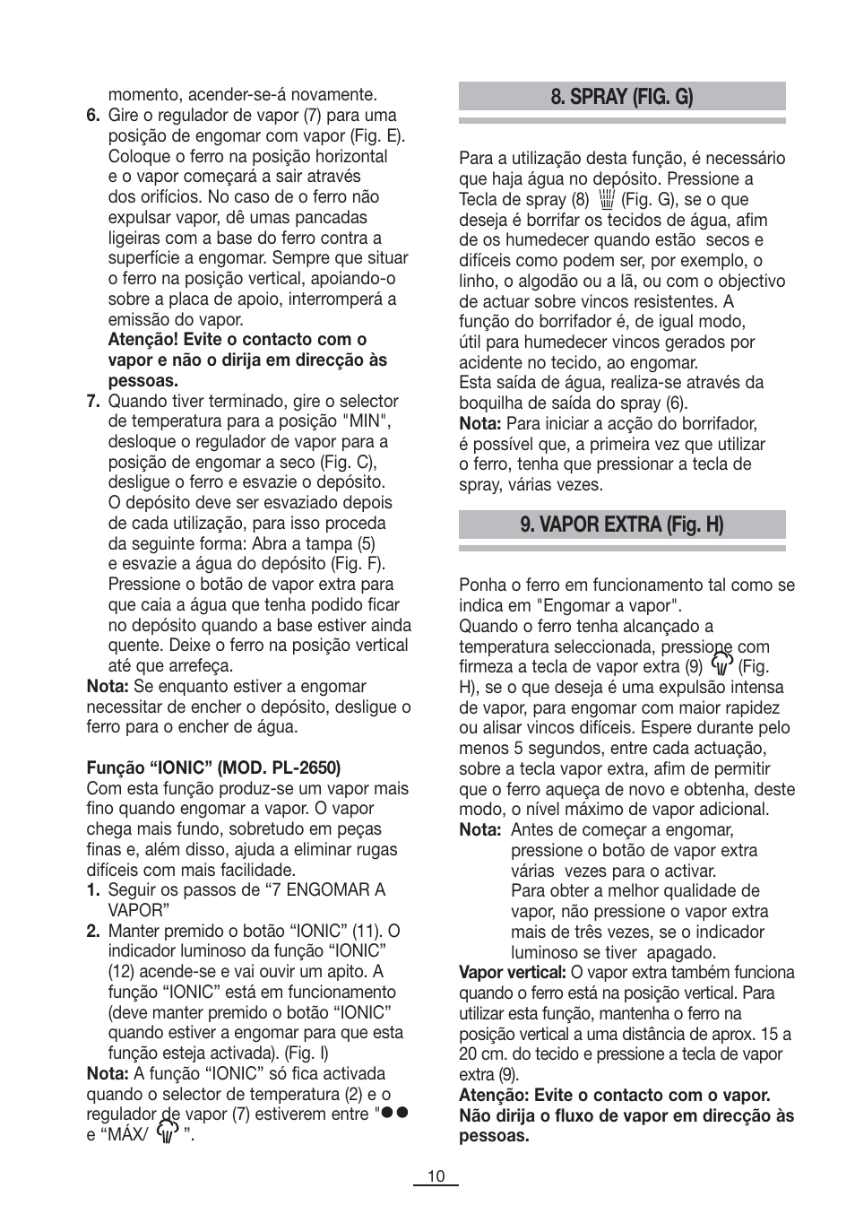Spray (fig. g), Vapor extra (fig. h) | Fagor PL-2600 User Manual | Page 11 / 76