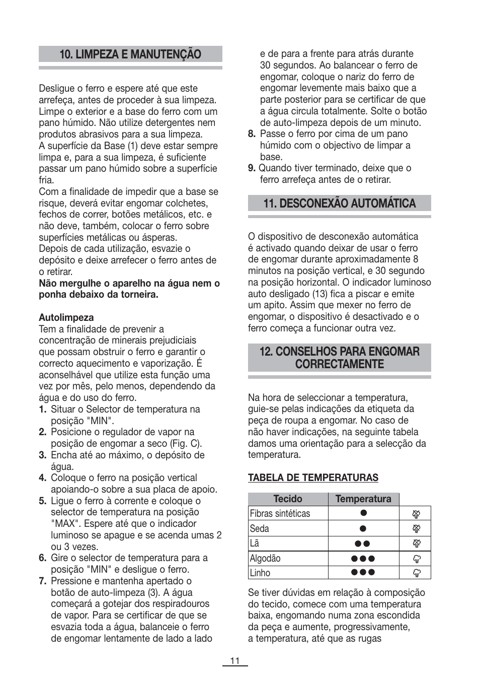 Conselhos para engomar correctamente, Limpeza e manutenção 11. desconexão automática | Fagor PL-2600 User Manual | Page 12 / 76