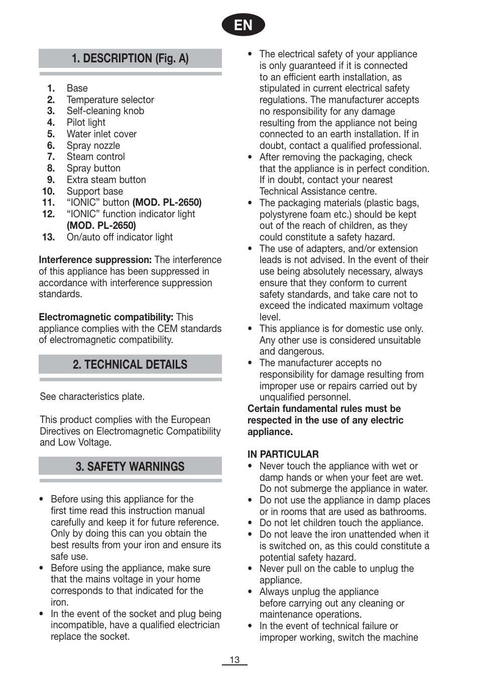 Safety warnings, Description (fig. a) 2. technical details | Fagor PL-2600 User Manual | Page 14 / 76