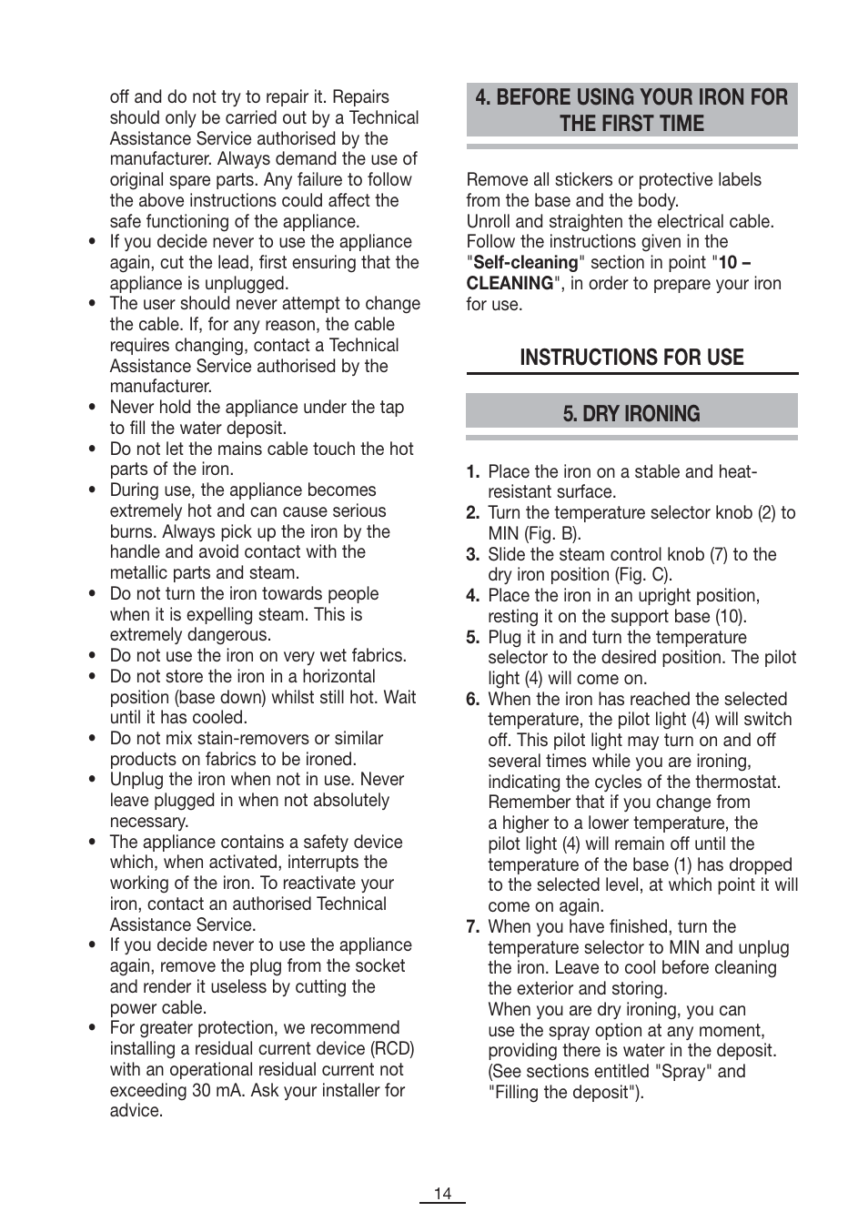 Before using your iron for the first time, Instructions for use 5. dry ironing | Fagor PL-2600 User Manual | Page 15 / 76