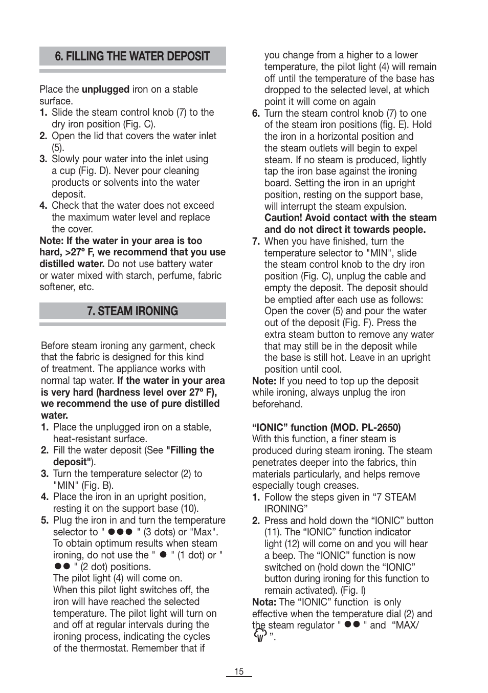 Filling the water deposit, Steam ironing | Fagor PL-2600 User Manual | Page 16 / 76