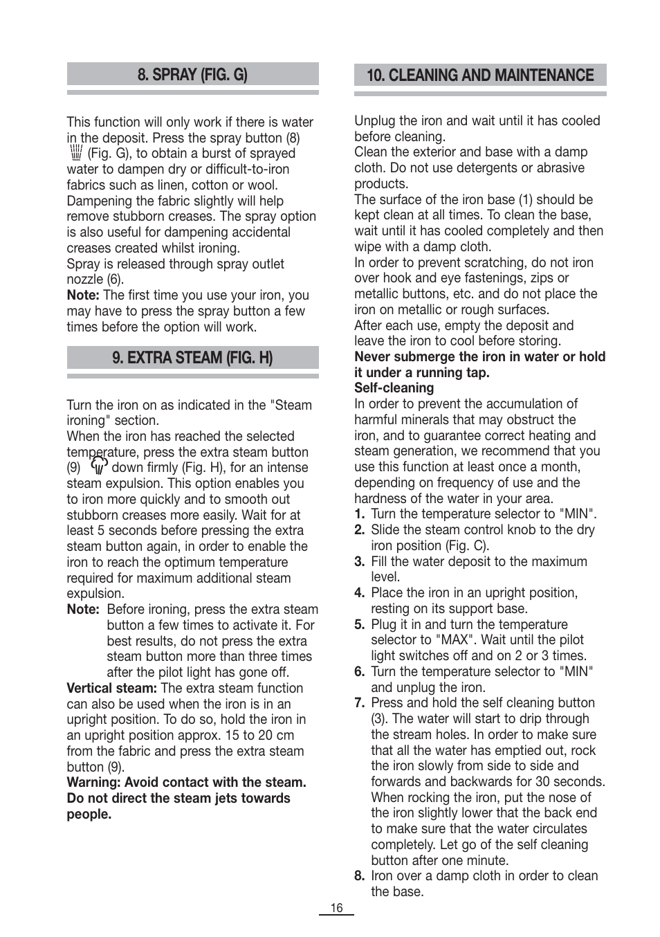 Spray (fig. g), Extra steam (fig. h), Cleaning and maintenance | Fagor PL-2600 User Manual | Page 17 / 76