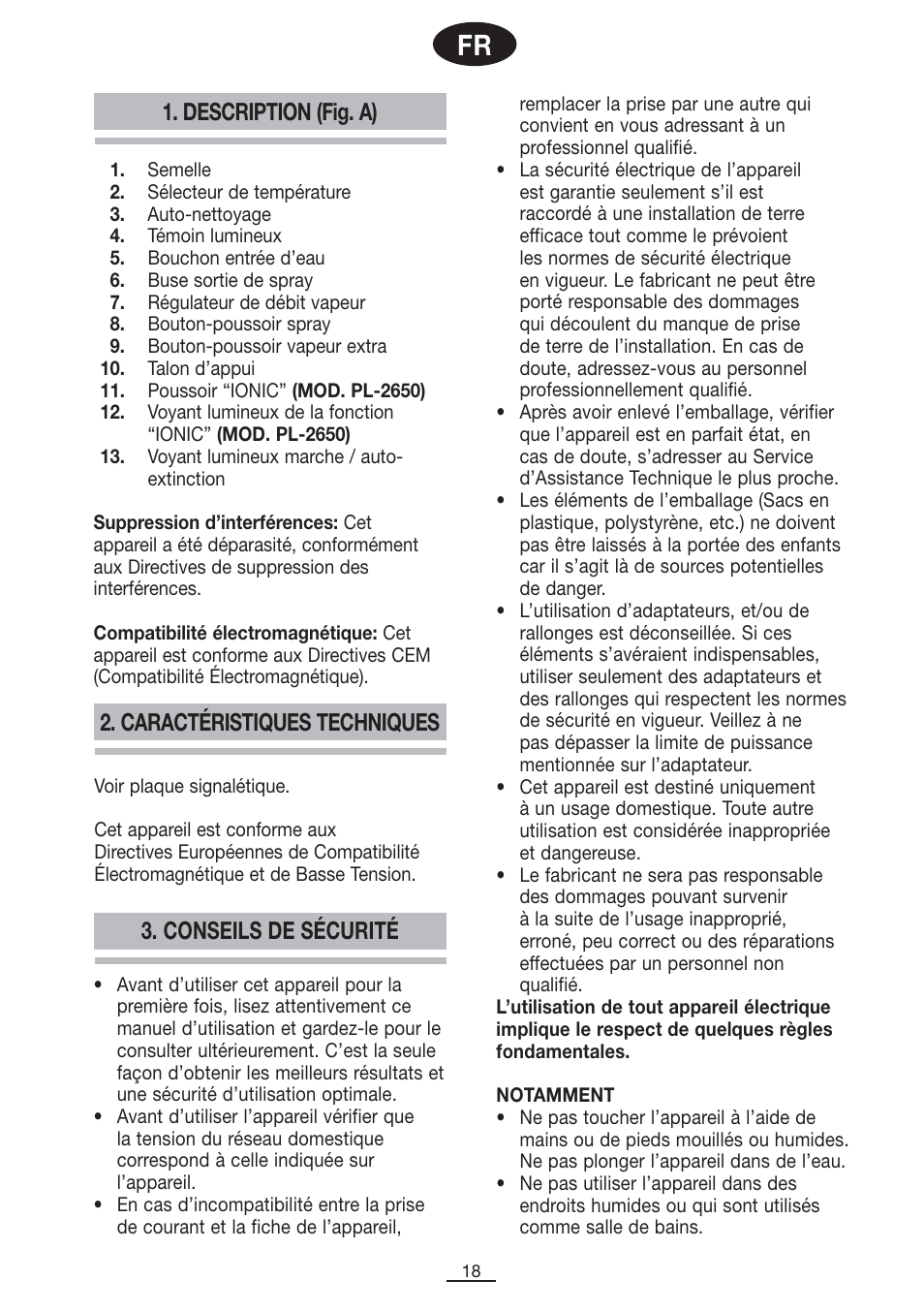 Description (fig. a), Conseils de sécurité, Caractéristiques techniques | Fagor PL-2600 User Manual | Page 19 / 76