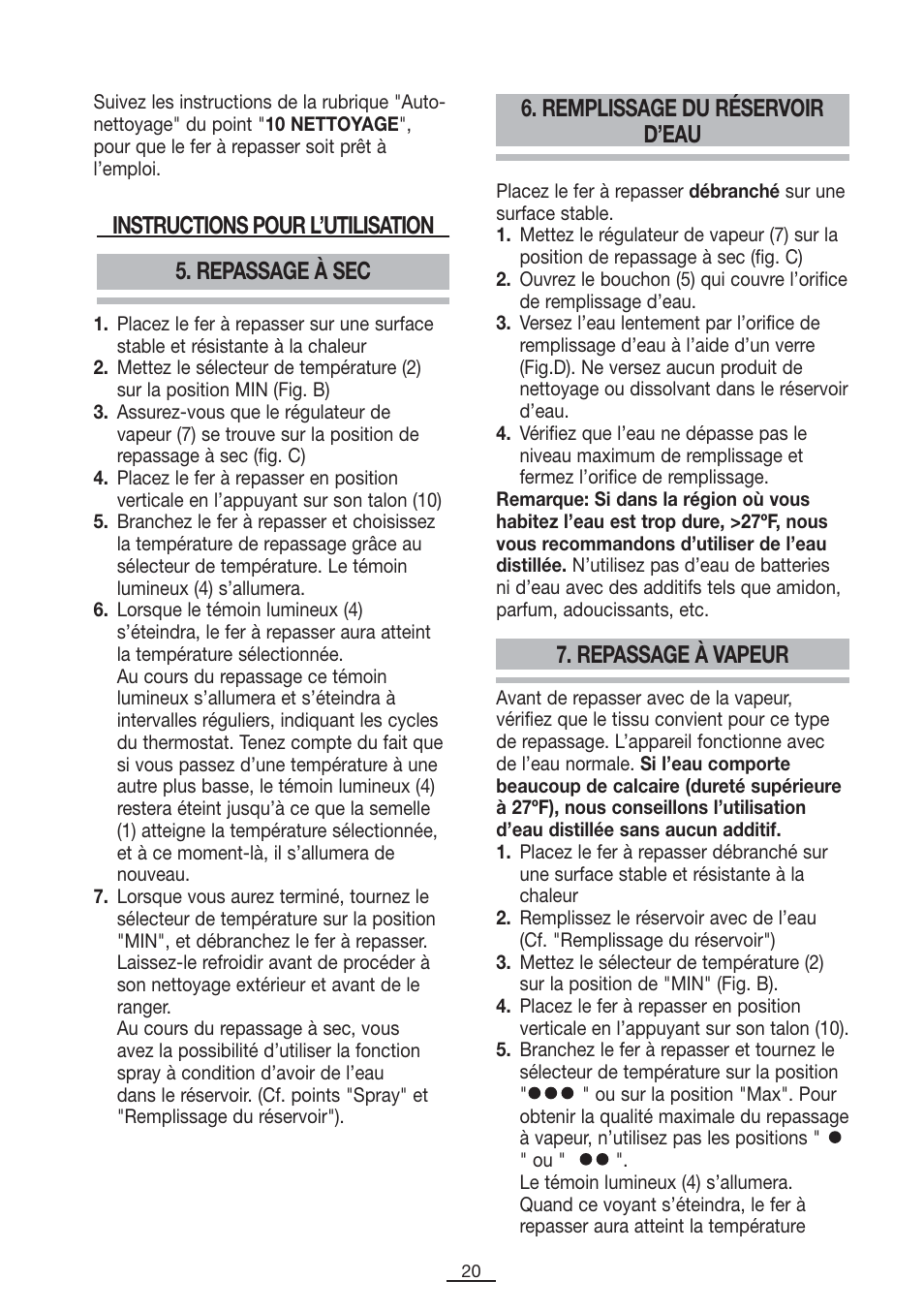 Repassage à sec, Instructions pour l’utilisation, Remplissage du réservoir d’eau | Repassage à vapeur | Fagor PL-2600 User Manual | Page 21 / 76