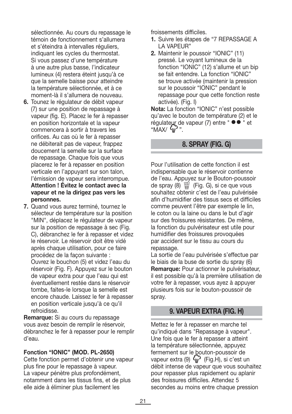 Spray (fig. g), Vapeur extra (fig. h) | Fagor PL-2600 User Manual | Page 22 / 76
